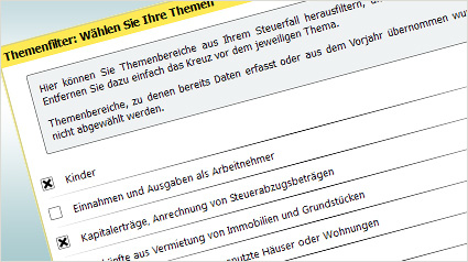 Per Themenfilter lässt sich eingrenzen, welche Themen für die eigene Steuererklärung wichtig sind.