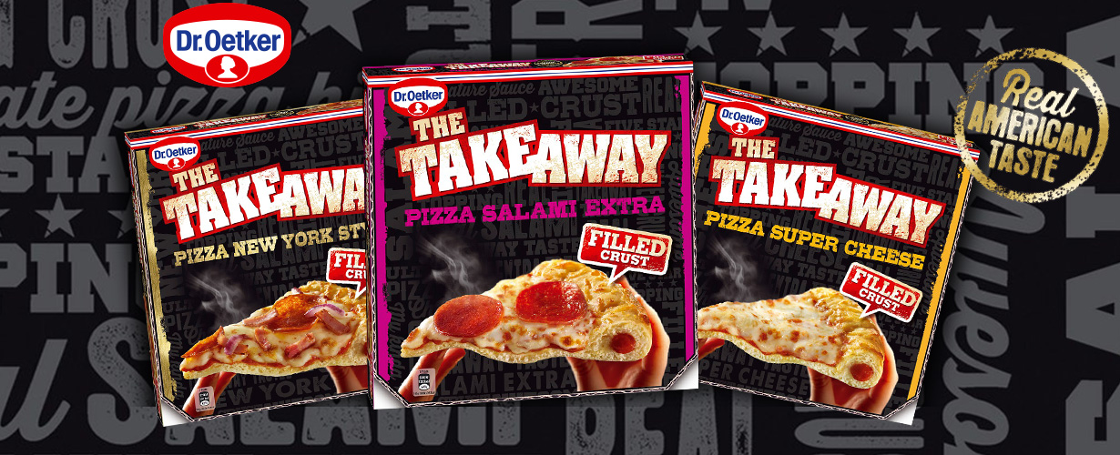 Dr. Oetker The Take Away ist eine Tiefkühlpizza auf amerikanische Art mit gefülltem Rand, luftig-lockerem Boden und großzügigem Belag.