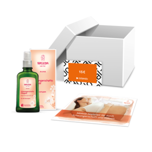 Das Startpaket im Projekt mit dem Weleda Schwangerschafts-Pflegeöl.
