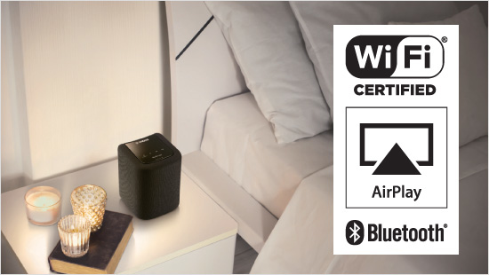 Durch die Integration der Drahtlos-Technologien WiFi, Apple AirPlay und Bluetooth ist die Verbindung mit dem Heimnetz sowie mit Smartphone und Tablet besonders einfach.