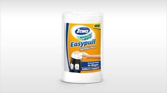 … Kompakt-Rolle ist reißfest sowie saugstark und als Nachfüllpack für den Papierspender erhältlich. Von allen Vorteilen des neuen Zewa Wisch&Weg Easypull …