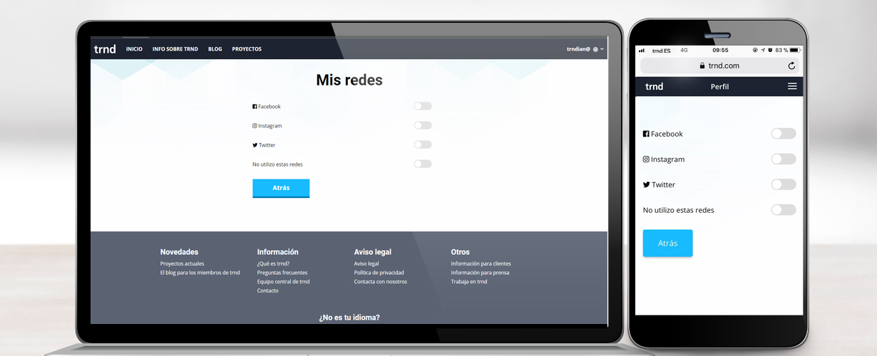 Conectaremos las cuentas que tengamos. Nos pedirá nuestro usuario y contraseña para cada red social. (trnd no tendrá acceso a ninguno de estos datos.)