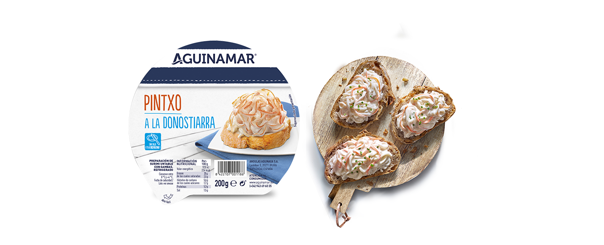 ... el delicioso pintxo donostiarra con una rallado especial de surimi Krissia y gambas.