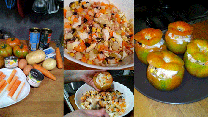 Tomates rellenos con Un Toque de Maíz y Guisantes