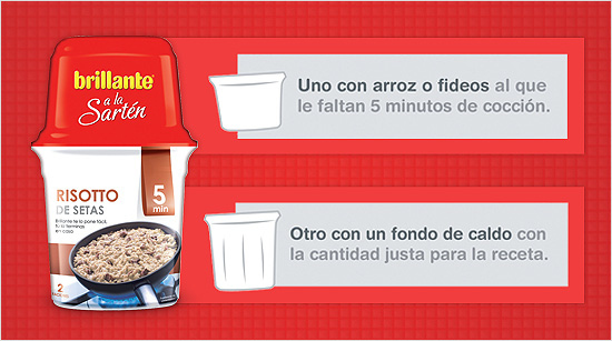 Cada envase de Brillante a la Sartén está compuesto por dos vasos: uno con arroz o fideos, y el otro con el fondo de caldo.