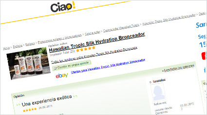 Ejemplo de una reseña en Ciao! sobre Hawaiian Tropic