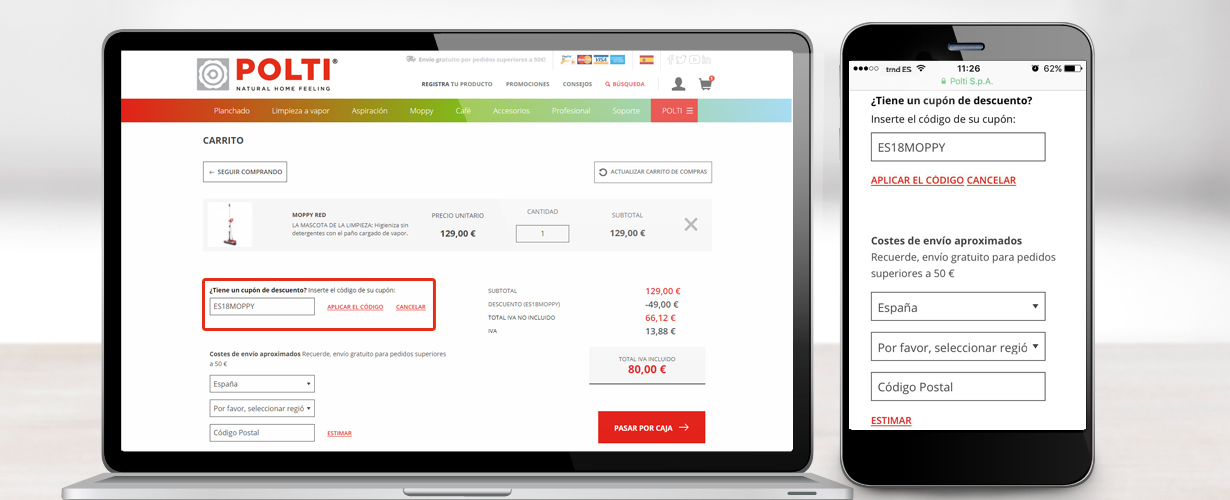 Antes de pasar por caja, escribiremos nuestro código exclusivo del proyecto en la casilla  “¿Tiene un cupón de descuento?”. El precio se actualizará con la rebaja.