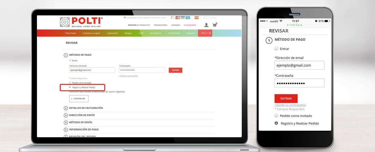 Para proceder al pago, nos registraremos con nuestro email y una contraseña, marcando la opción  “Registro y realizar pedido”.