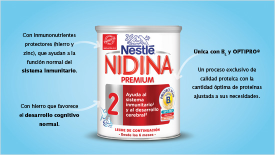 NIDINA 2 PREMIUM es la única con BL y OPTIPRO®. Además contiene inmunonutrientes protectores (hierro y zinc) que ayudan a la función normal del sistema inmunitario.