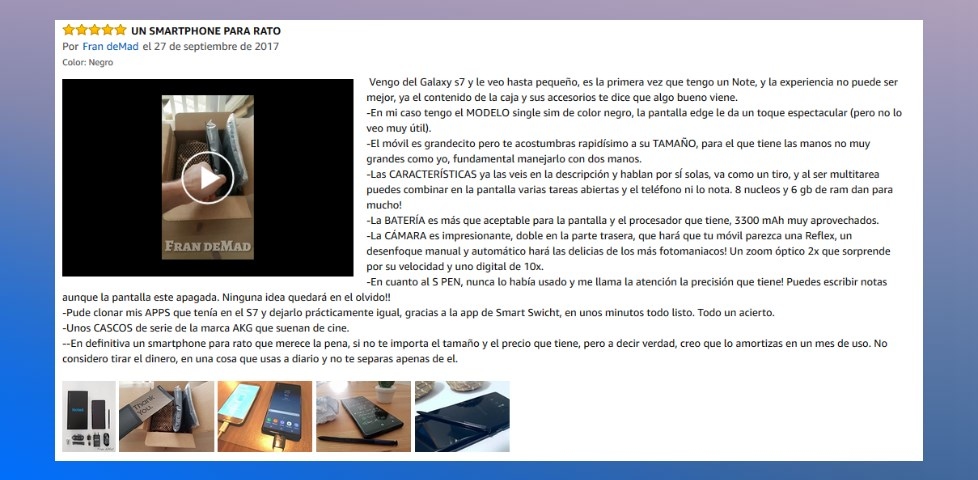 Reseña Galaxy Note8 en Amazon