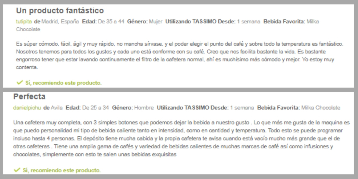 Reseñas en la web de Tassimo