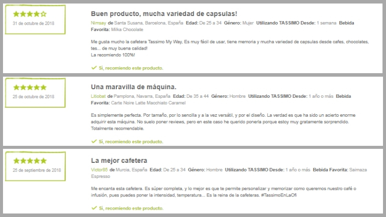 Reseñas en la web de Tassimo