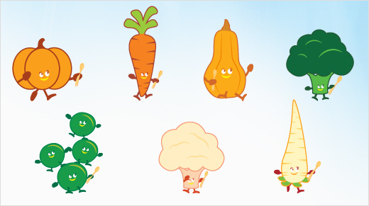 … représenté par une mascotte amusante et colorée : René le Panais, Billy le Brocoli, Charlotte la Carotte, Elliot la Courge Butternut, Peter le Chou-Fleur, Léon le Potiron et Eloi le Petit Pois.