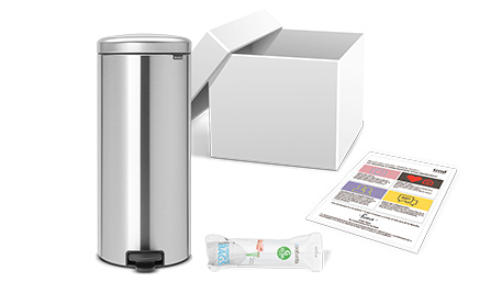 Pack de bienvenue Brabantia contenant la poubelle newIcon, les sacs-poubelle Perfect Fit et la lettre de Bienvenue