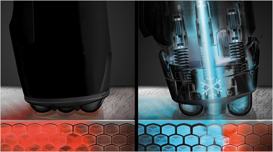 La réponse : un élément électro-céramique intégré à la tête du rasoir, qui refroidit la peau pendant le rasage.