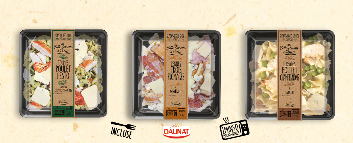 Avec Daunat, découvre Ma Belle Assiette, 3 recettes généreuses de pâtes à réchauffer en seulement 1min50  !