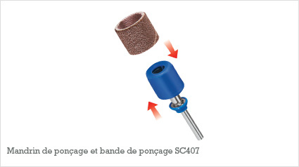 Ce mandrin permet de changer de bande de ponçage sans clé (tirer, placer et pousser). Les bandes de ponçage peuvent être utilisées sur des surfaces incurvées et plates.