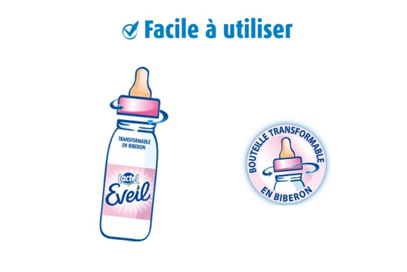 ... les petites bouteilles de 250 ml se transforment en biberons : il suffit d'y visser la tétine de Bébé. Pratique pour les balades et déplacements.