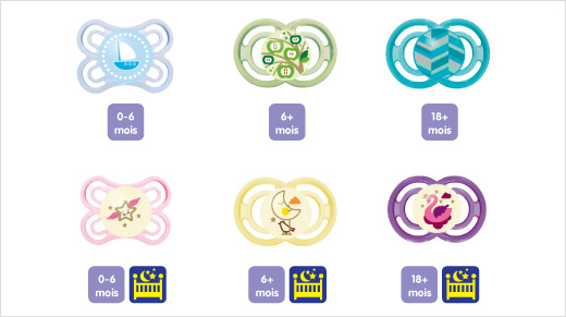 MAM Perfect est disponible en 3 tailles (0-6 mois, 6-18 mois et plus de 18 mois), en version jour et en version qui brille la nuit. 