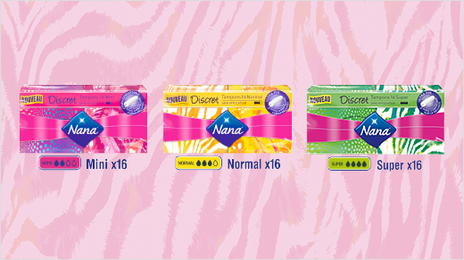  La gamme Nana Discret se compose de 3 références : Mini, Normal et Super ! Chaque pack contient deux boîtes (aux motifs animal) de 8 tampons chacunes.