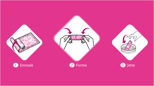 … et pour encore plus de sécurité, elles bénéficient du système de fermeture Enroulez, Fermez, Jetez™, qui nous permet de les jeter en tout discrétion.