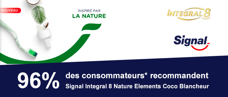 96 % des consommateurs* recommandent Signal Integral 8 Nature Elements Coco Blancheur