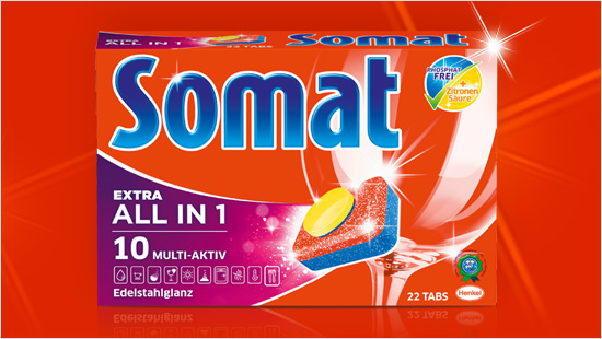 Les tablettes Somat 10 Extra All in 1 allient 10 fonctions pour une vaisselle éclatante et un lave-vaisselle comme neuf.