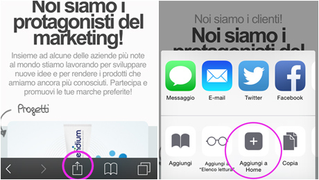 Per iPhone: aprire il sito trnd nel browser e cliccare in basso sull'icona "condividi". Scegliere poi nel menù "Aggiungi a Home"...