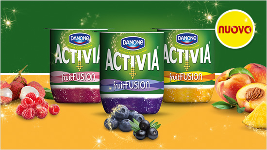 Activia fruitFusion è la novità di Activia che unisce una combinazione ricercata di due frutti deliziosi ad uno strato di cremoso Activia contenente il BIFIDUS ACTIREGULARIS.