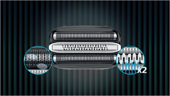 Inoltre, il rasoio centrale elimina in modo efficace anche i peli più lunghi e diﬃcili da radere, mentre la doppia lamina SensoFoil consente una rasatura ancora più profonda.