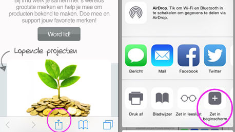 Voor iOS: open de trnd website en klik onderin op het Share icoon. Kies in het menu 'Zet in beginscherm'. 