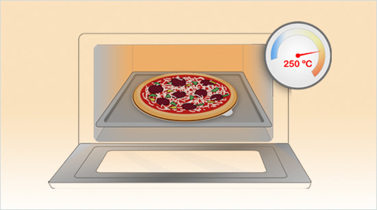 Doe de bevroren pizza met het bakpapier op de bakplaat (niet op de grillplaat). Na 12 -14 minuten bakken is de pizza klaar!