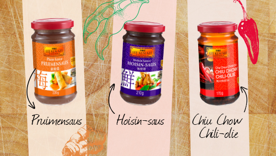 … sauzen: Hoisin-saus, Chiu Chow Chili-olie en pruimensaus, en drie kant-en-klare sauzen: saus voor…
