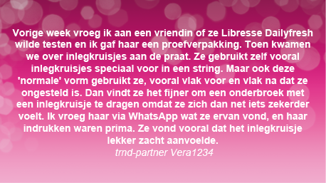 trnd-partner Vera1234 praat met haar vriendin over het gebruik van inlegkruisjes en gebruikt WhatsApp om feedback te vragen. Erg handig!