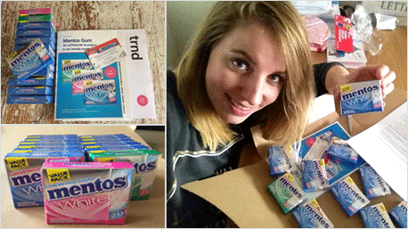 De Mentos Gum doosjes worden in ontvangst genomen