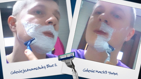 Testy golenia przy użyciu Gillete Mach3 Turbo oraz jednorazówki Blue II. 