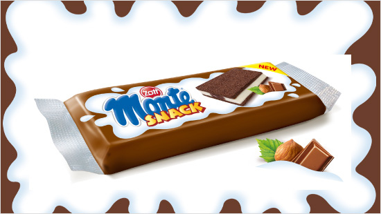 Monte Snack to delikatny biszkopt wypełniony mlecznym oraz czekoladowo- orzechowym kremem. 