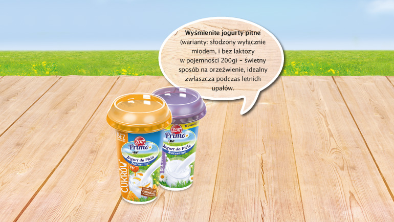 A dla spragnionych orzeźwienia - Zott Primo do picia! Zabierz go ze sobą wychodząc z domu. Dostępny w wariantach bez laktozy i słodzony miodem.