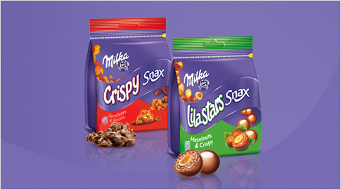 ...Milka Snax, uma gama diferente de snacks cobertos com chocolate Milka.