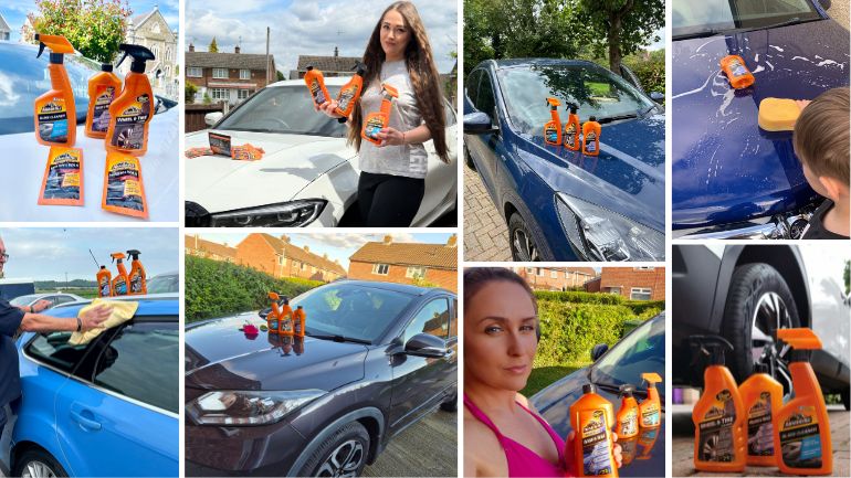 Photo collage: Selfies with Armor All range, in-use shots, and clean cars with the products