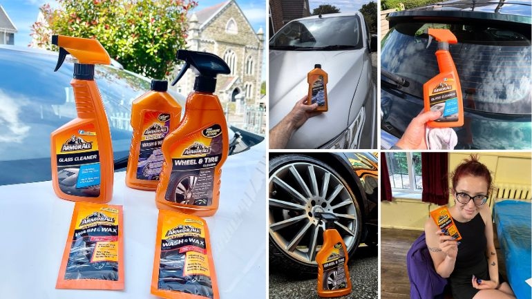 Photo collage: Armor All products in-use, sharing samples, and clean cars with the products