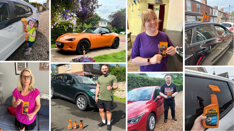 Photo collage: Selfies with Armor All range, in-use shots, and clean cars with the products